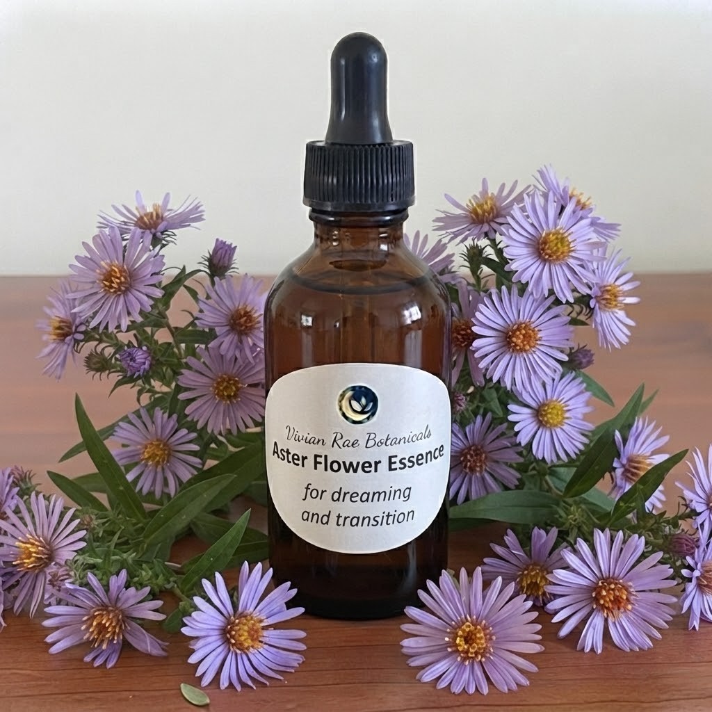 Bottle of Aster Flower Essence among fresh purple asters