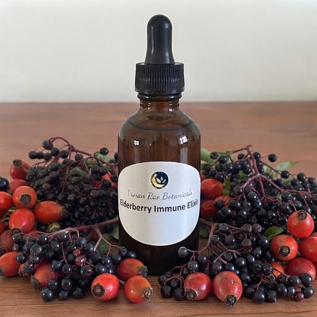 Bottle of Elderberry Immune Elixir among elderberries and rose hips