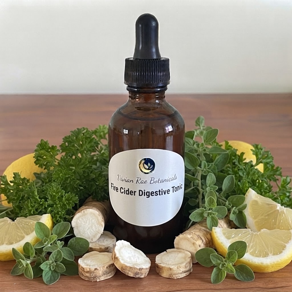 Bottle of Fire Cider Digestive Tonic with lemon wedges, sliced horseradish root and fresh oregano