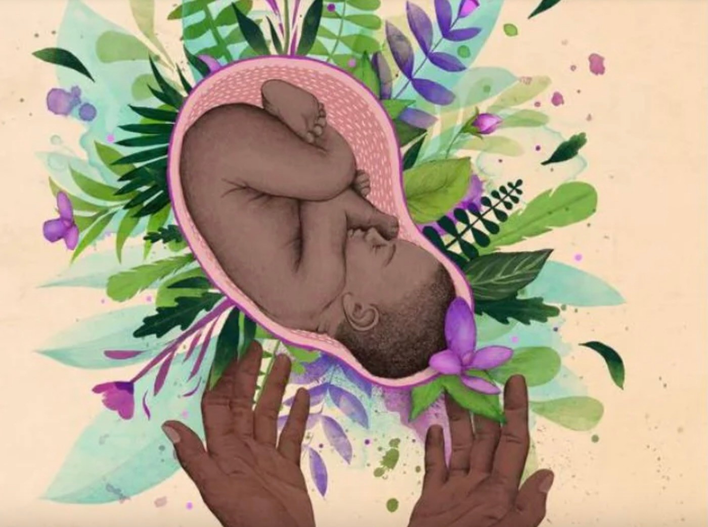 Watercolor of a baby curled in the womb among leaves and purple flowers, hands beneath