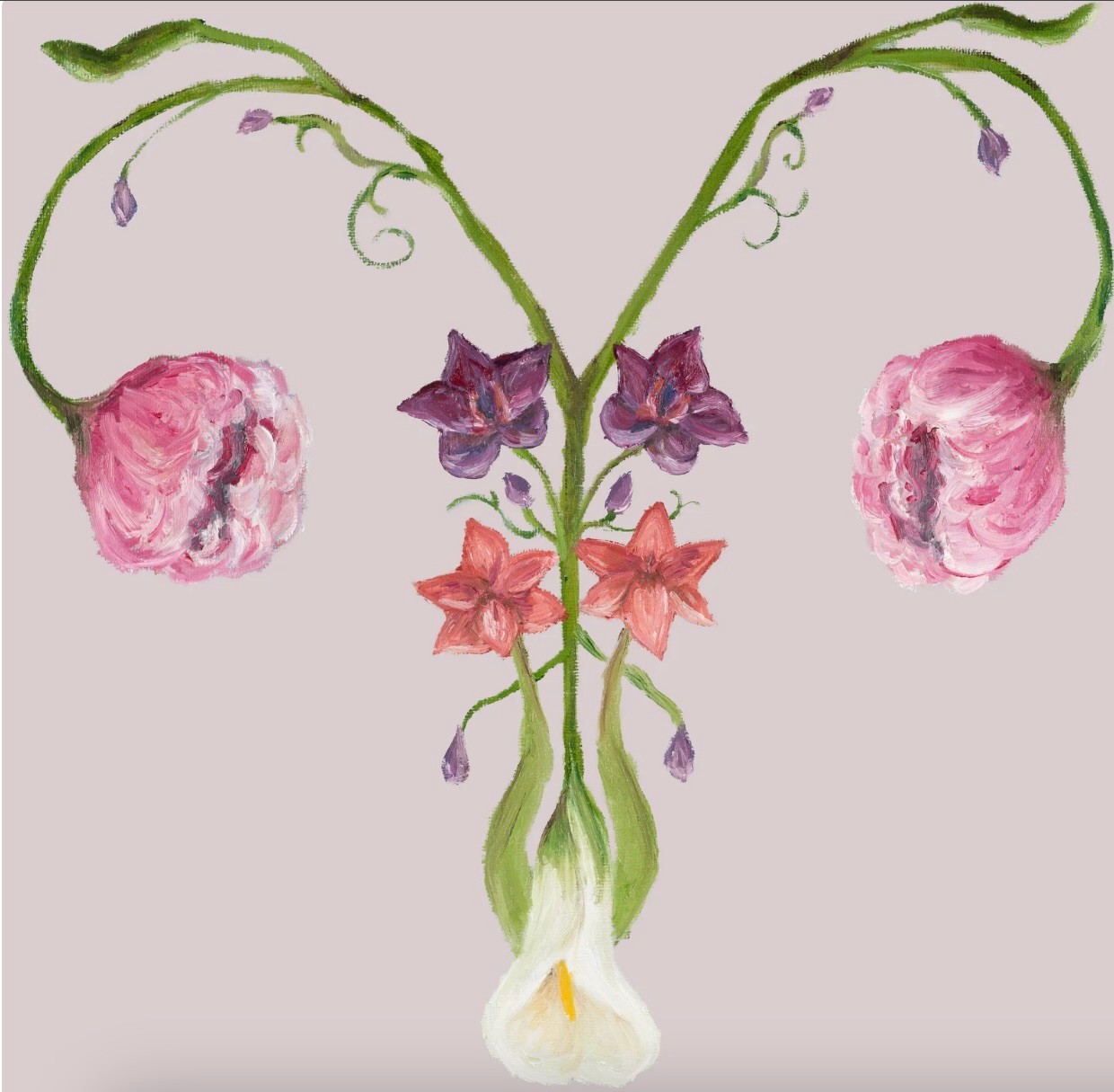 Uterus painted as green vines and flowers, with a white calla lily at its base