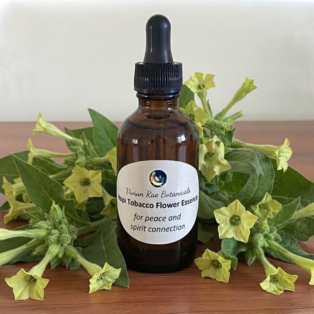 Bottle of Hopi Tobacco Flower Essence among pale green tobacco flowers