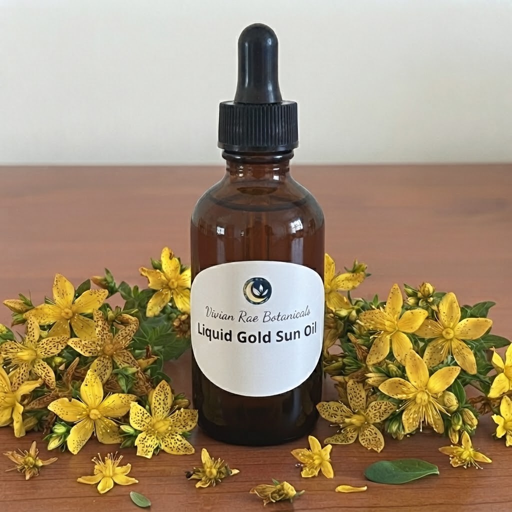 Bottle of Liquid Gold Sun Oil among yellow St. John's wort flowers
