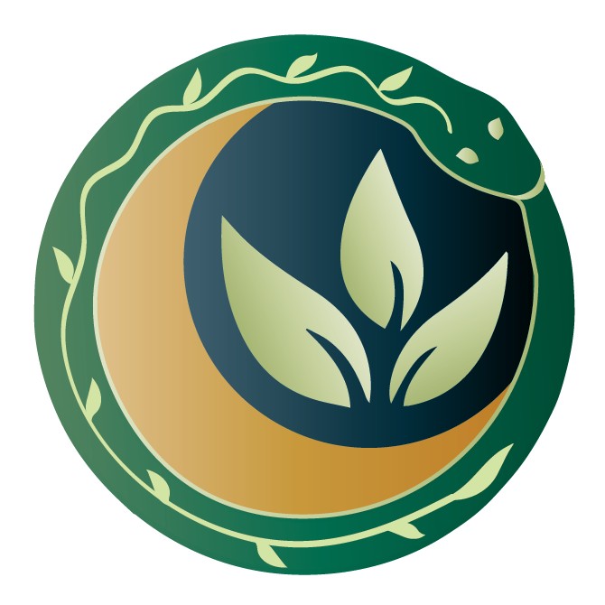 Round logo of a green snake circling a gold crescent moon and three pale leaves