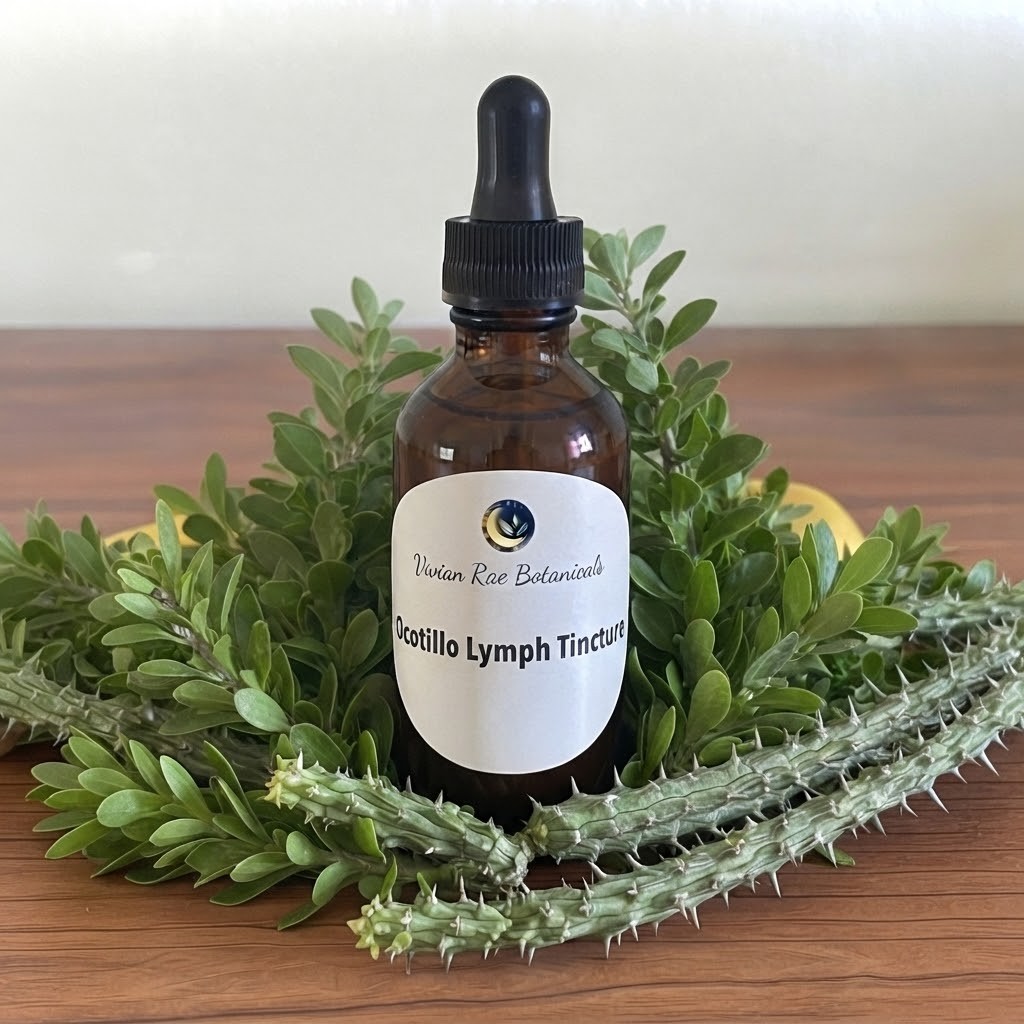 Bottle of Ocotillo Lymph Tincture among ocotillo leaves and stems