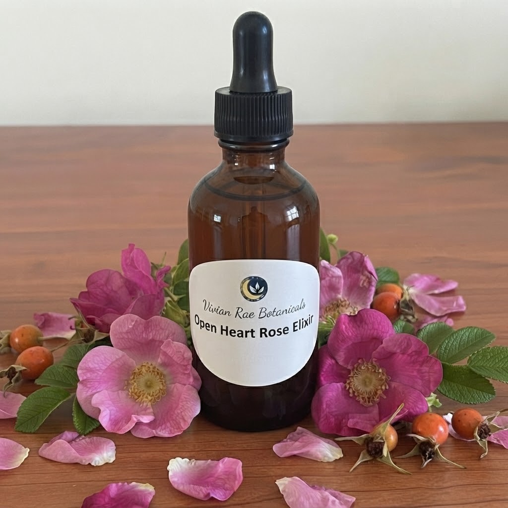 Bottle of Open Heart Rose Elixir among pink rugosa roses and rose petals