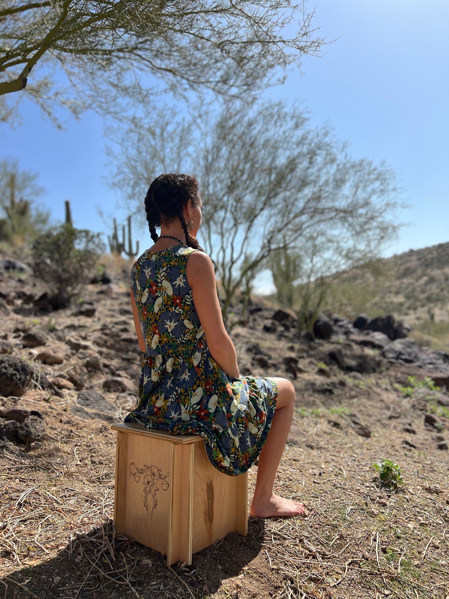 Woman sitting for a pelvic steam on a carved wooden box among saguaros
