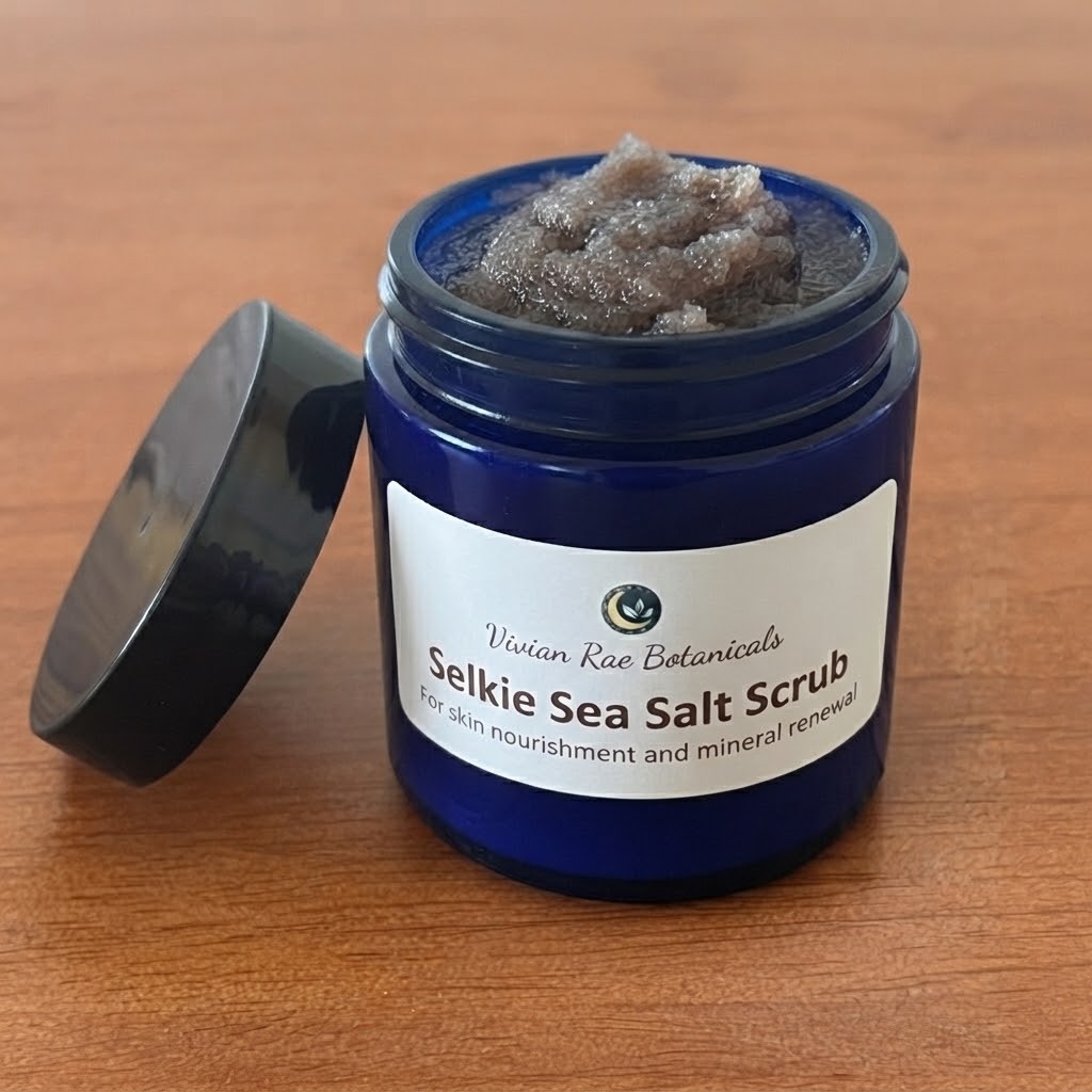 Open blue jar of Selkie Sea Salt Scrub with its lid beside it
