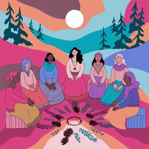 A drawing of seven women seated in a circle on steam boxes, herbs laid at the center, pines and a full moon behind