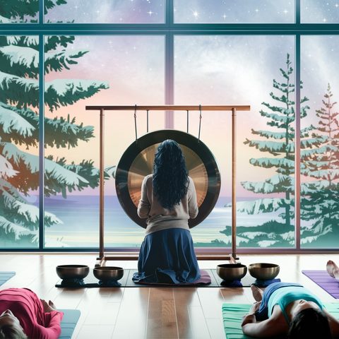 A drawing of a woman playing a gong before tall windows onto snowy pines, people resting on mats around her