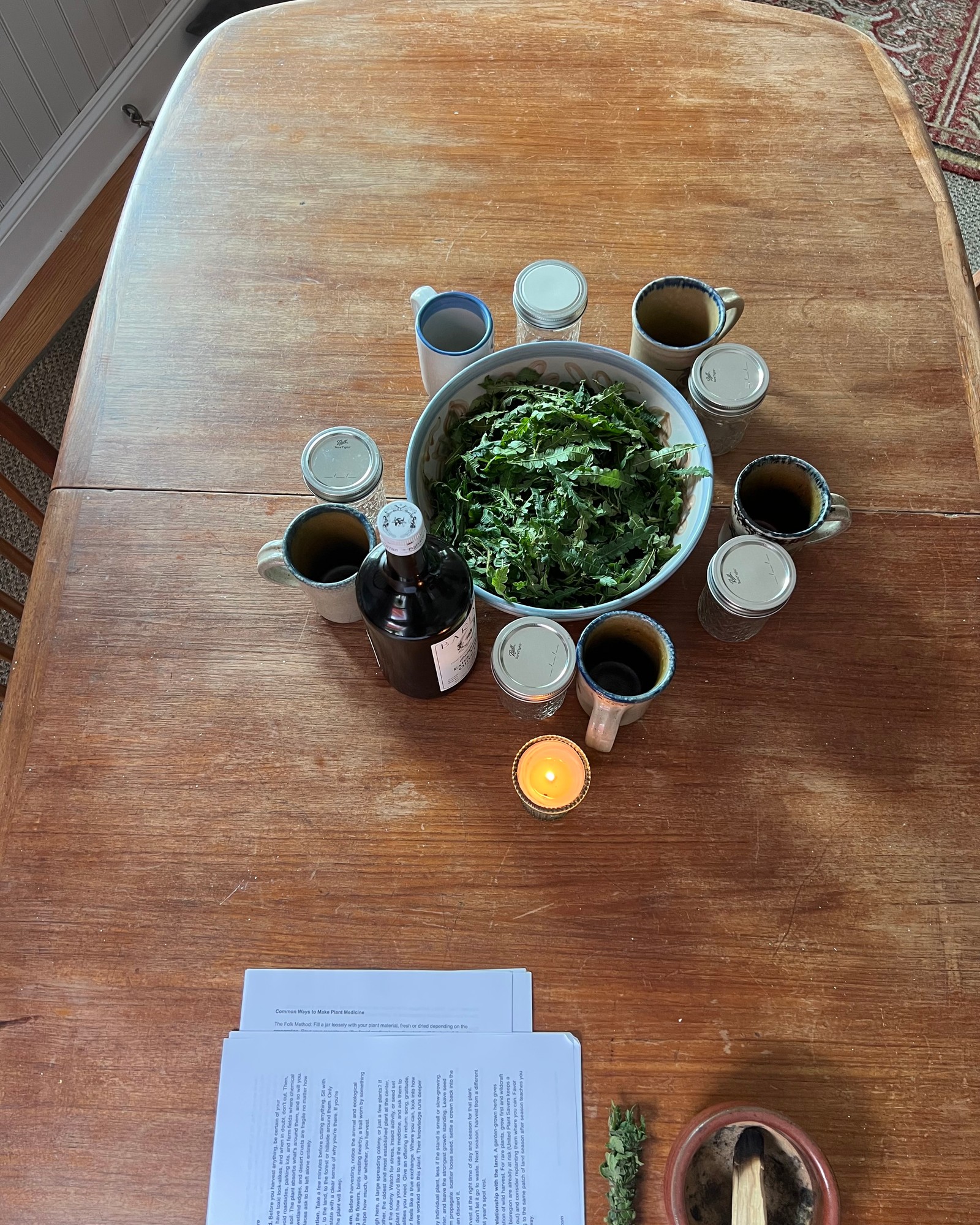 A bowl of fresh sweet fern ringed by cups of tea and a candle, set on a wooden table for a workshop