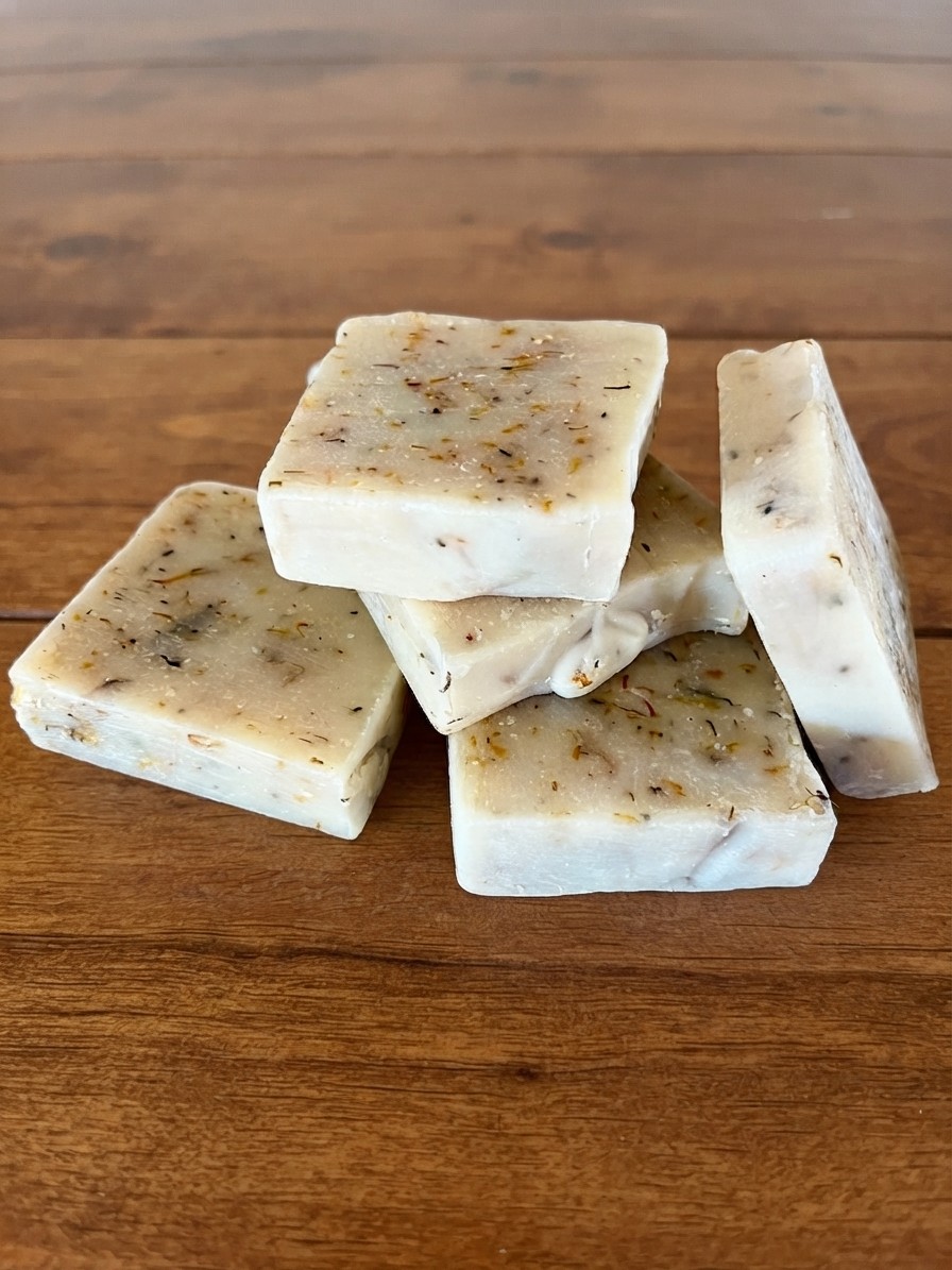 Stack of Nourishing Soap bars flecked with dried calendula petals